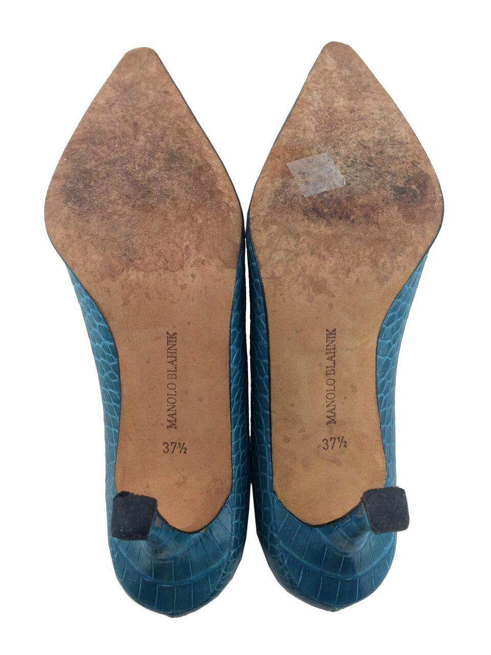 Manolo Blahnik BB Crocodile Leather Pumps Women's Size 7 (IT37) - Elegant Pointed Toe Heels for Weddings & Evening Events