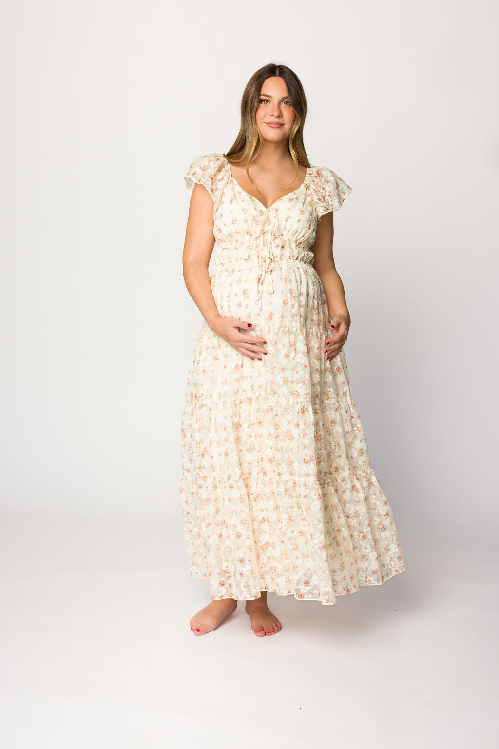 Elegant Floral & Gingham Ruffled Maxi Dress for Women - Cream Peach Summer Dress, Boho Chic Beach Wedding Guest Outfit, Perfect for Vacations & Outdoor Parties