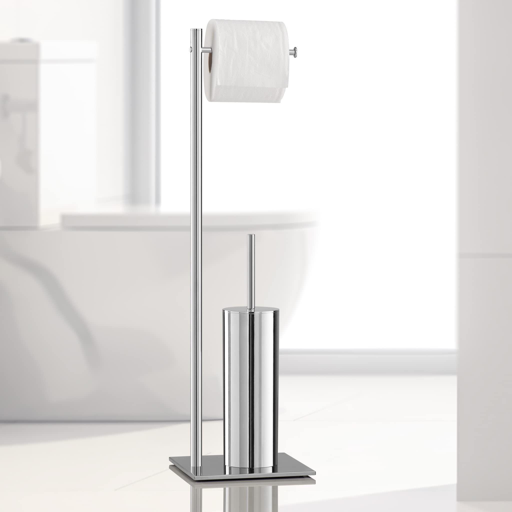 Stainless Steel Chrome Standing Toilet Paper Holder & Brush Stand - Bathroom Organizer for Modern Home Decor | Perfect for Small Spaces, Apartments & Guest Bathrooms