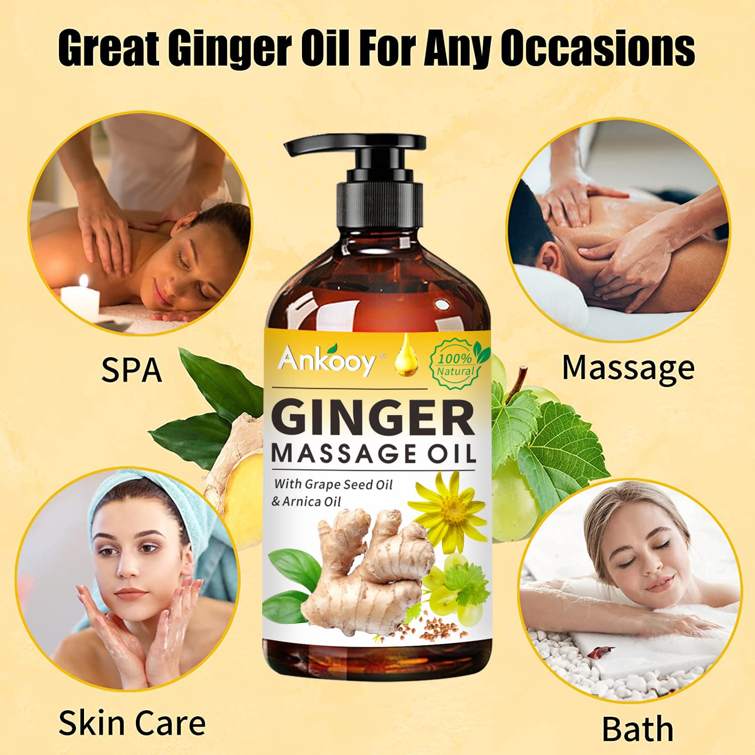 3 Pack 100% Natural Ginger Oil for Lymphatic Drainage Massage - Belly & Body Massage Oil with Arnica Extract & Vitamin E | Relaxing Aromatherapy, Post-Workout Recovery & Spa Treatment