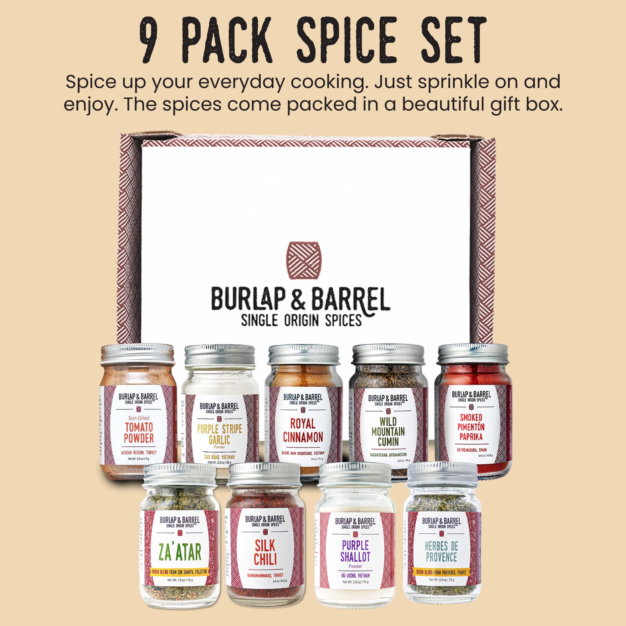 Burlap & Barrel Premium 9-Pack Spice Gift Set - Award-Winning Spices Featured on Shark Tank - 9 Full-Size Jars Including Cinnamon, Garlic & Lime - Perfect for Home Cooking, Gourmet Gifts & Culinary Enthusiasts