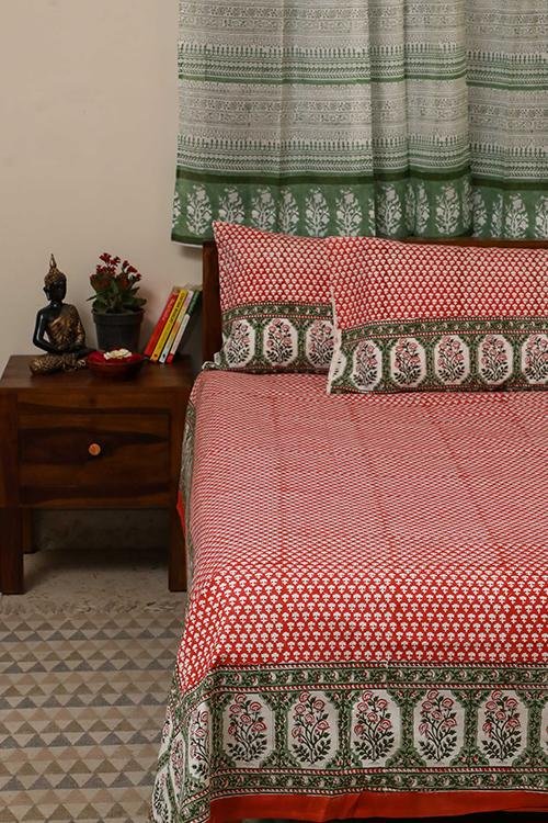 Trumpet Creeper Handblock Printed Cotton Bedsheet - 100% Pure Cotton Queen Size Bed Sheet Set - Bohemian Floral Design for Bedroom Decor & Home Textiles