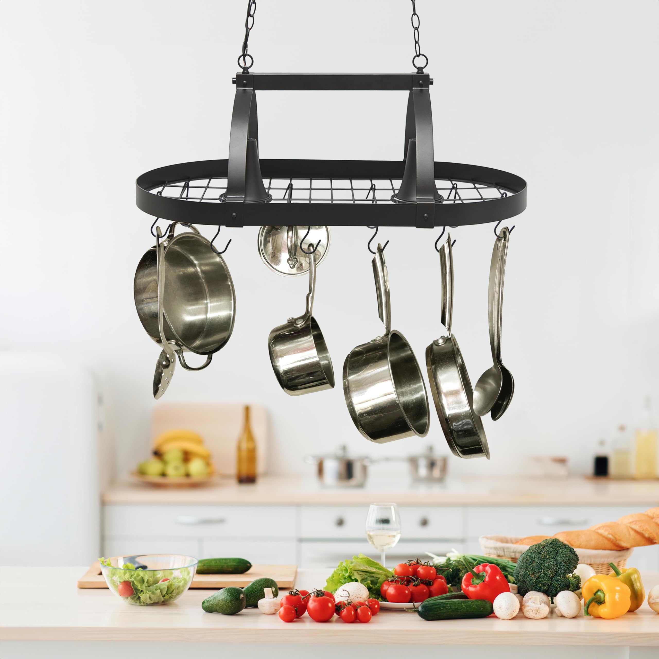 Elegant Designs PR1000-ORB 2-Light Kitchen Pot Rack with Downlights in Oil Rubbed Bronze - Perfect for Organizing Cookware in Modern Farmhouse & Rustic Kitchens