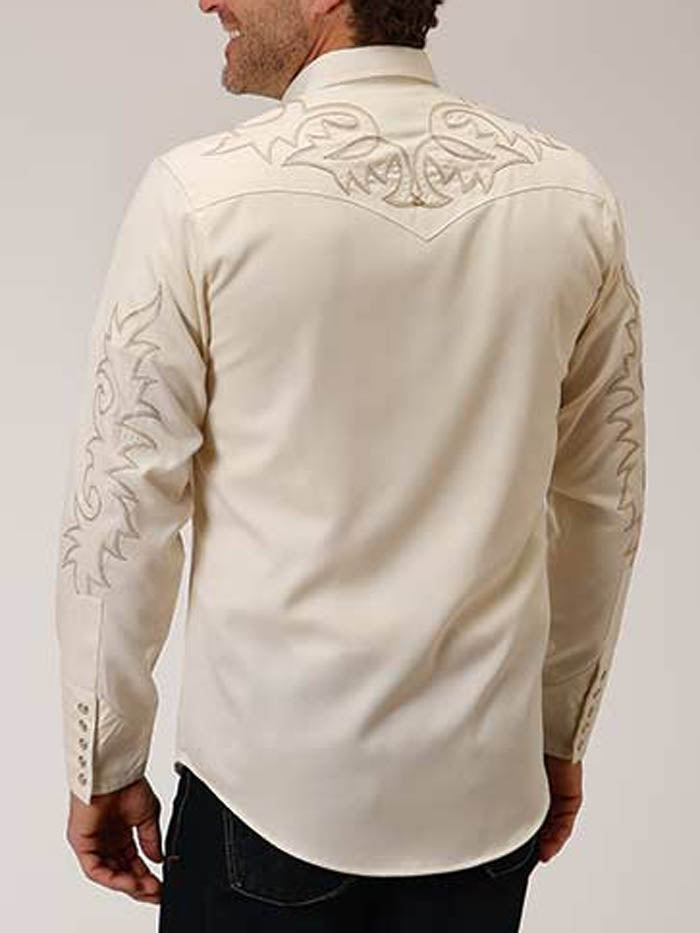 Roper Men's Long Sleeve Embroidered Western Shirt - Old West Collection White Cowboy Shirt for Rodeo, Ranch Work & Country Style Fashion