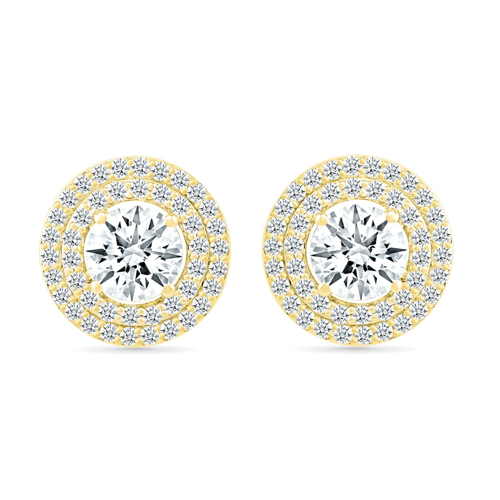 10K Yellow Gold Round White Sapphire Stud Earrings with Double Halo - Perfect for Weddings, Anniversaries & Everyday Elegance