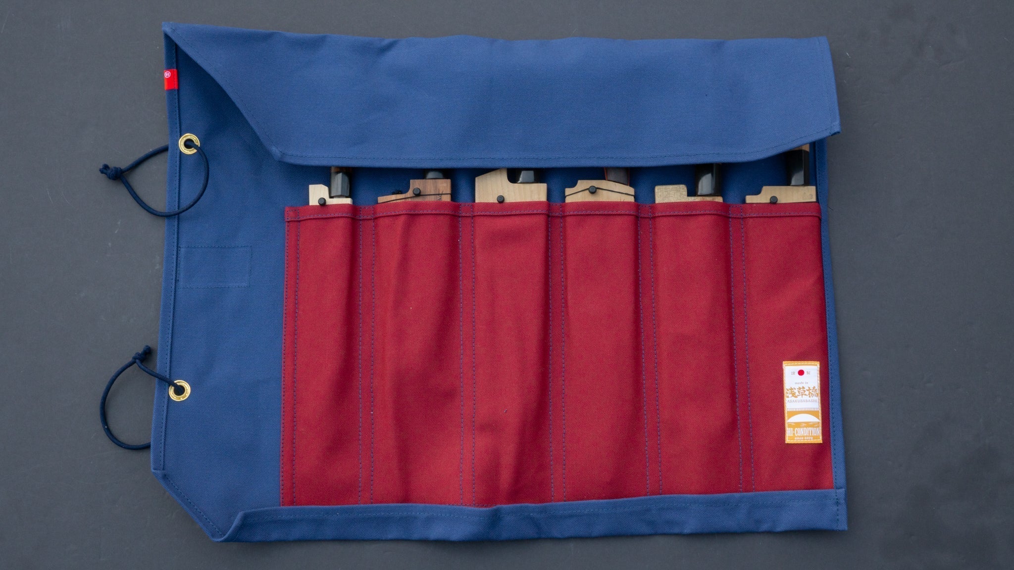 Premium Hanpu Canvas Knife Roll - 6 Pockets Tool Organizer for Chefs & Butchers (Navy & Deep Brick Red) | Perfect for Professional Kitchens, Culinary Schools & Outdoor Cooking