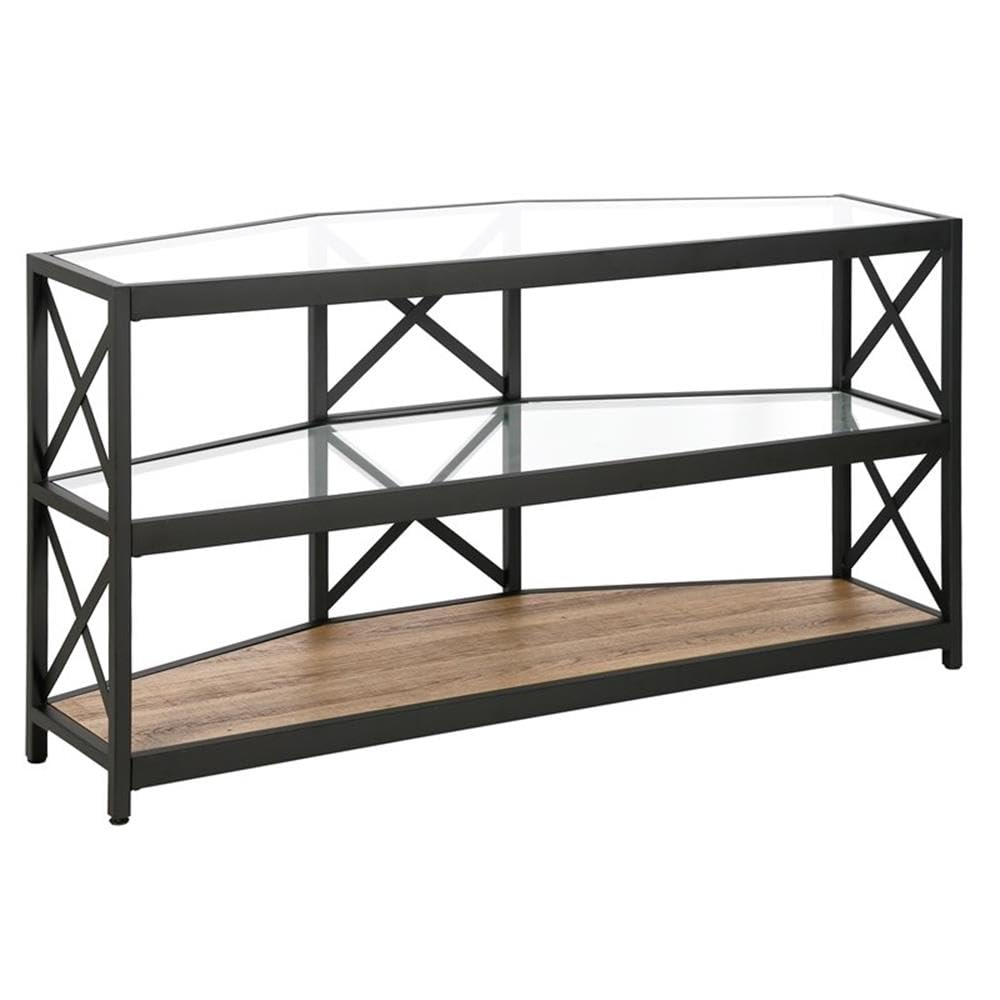 Modern Celine Hexagonal TV Stand with MDF Shelves for 55 Inch TVs - Blackened Bronze & Rustic Oak Finish | Perfect for Living Room, Bedroom, or Home Theater Setup