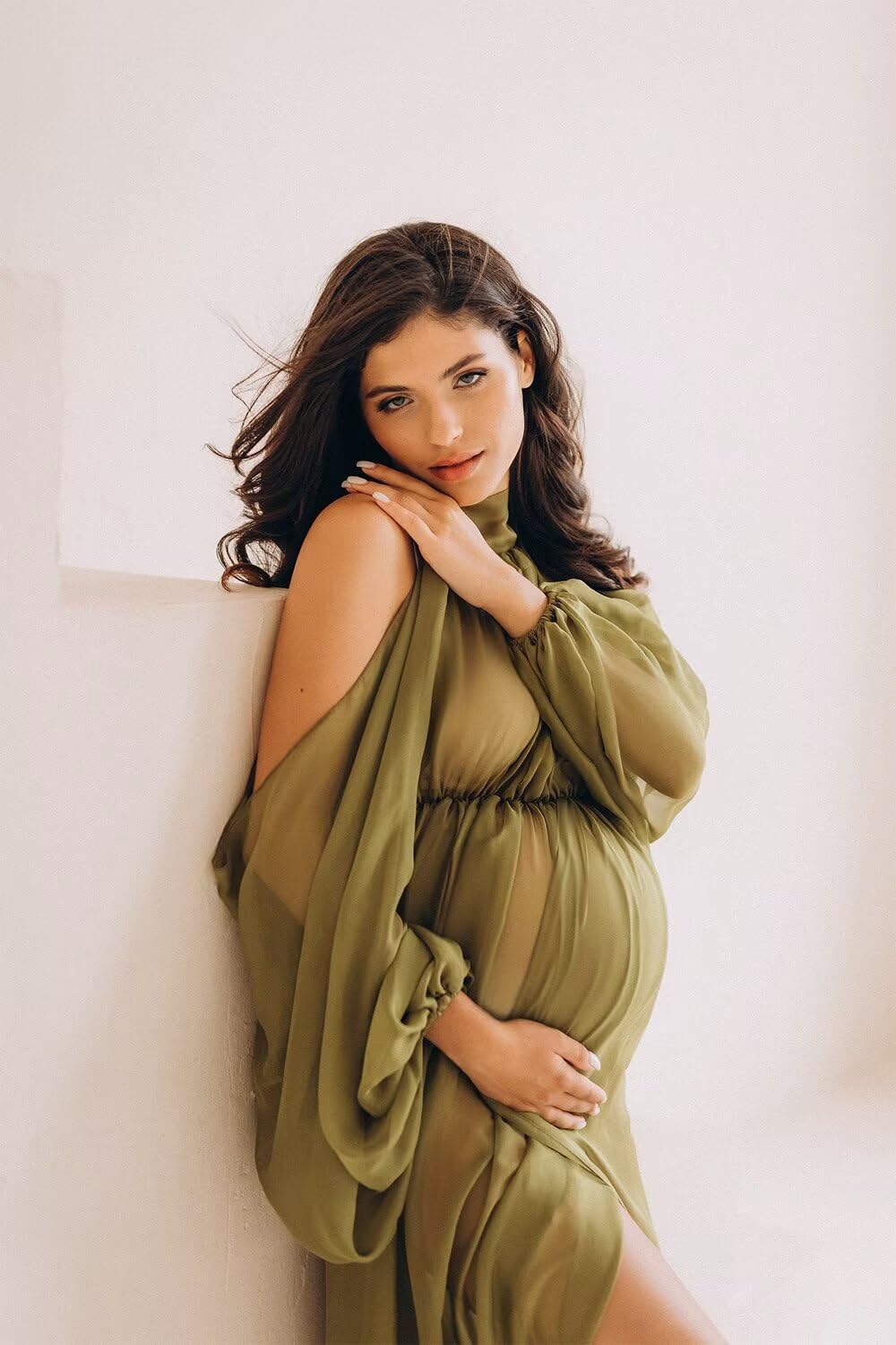 Maxianever Puffy Sleeve Chiffon Maternity Dress - Elegant Long Robe Pregnancy Gown for Baby Shower, Photoshoot & Special Occasions | Comfortable & Stylish 2025 Collection