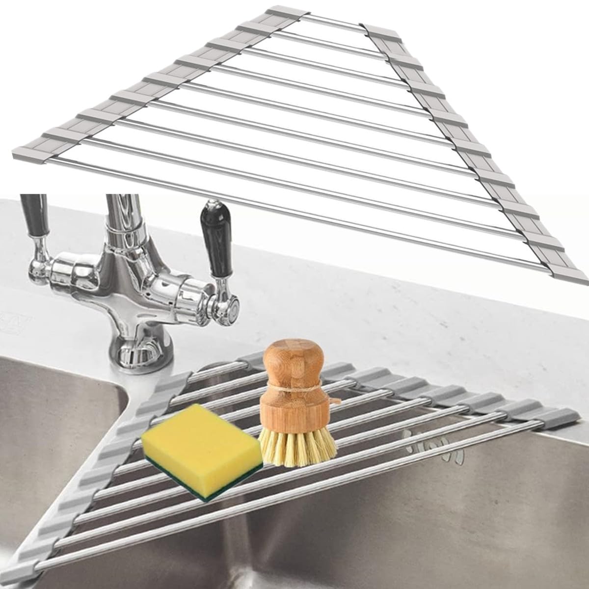 Stainless Steel Triangle Dish Drying Rack for Kitchen Sink Corner - Space Saving Roll Up Drainer Mat for Dishes, Utensils & Sponges - Perfect for Small Kitchens, Apartments & RV Use (Grey)