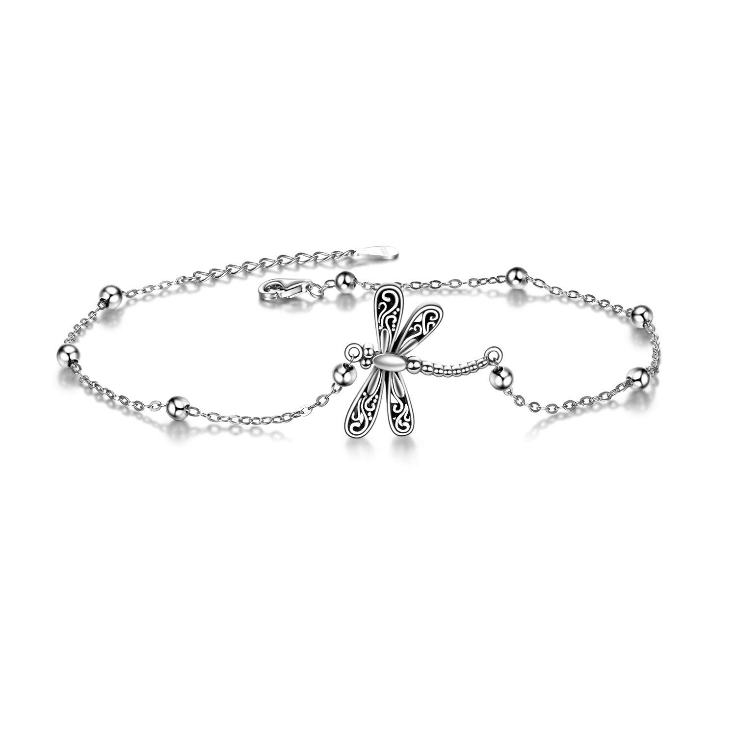 Sterling Silver Beaded Anklet with Dragonfly, Sunflower, Sloth, Otter & Butterfly Charms - Adjustable Ankle Bracelet Jewelry for Women & Girls - Perfect Gift for Birthdays, Beach Vacations & Summer Outfits