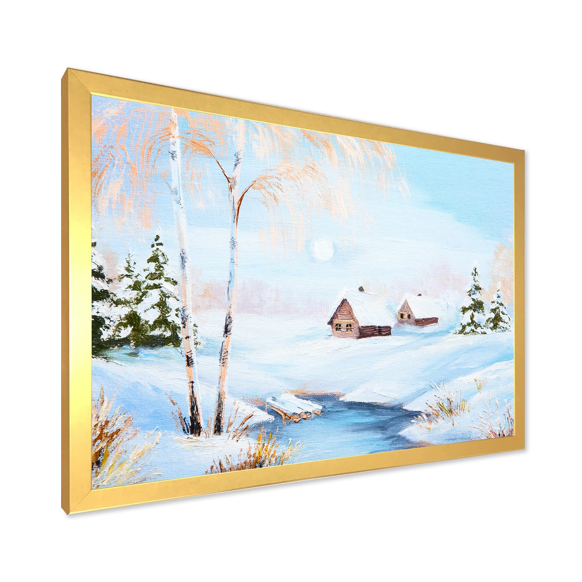 DesignQ Winter Landscape Framed Wall Art - Frozen River in Forest with Lake House - Perfect for Living Room, Bedroom & Office Decor