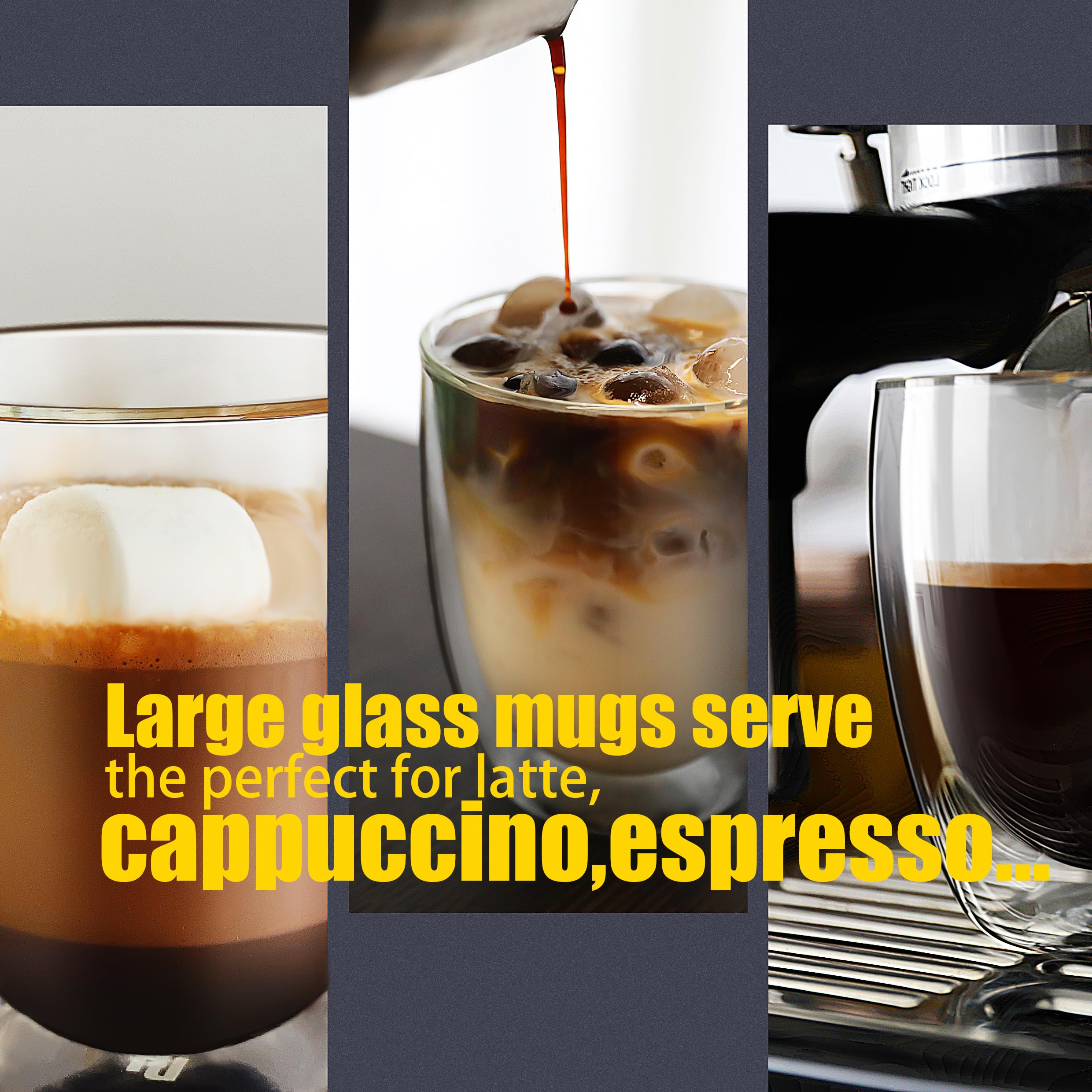 Premium 12.9oz (380ml) Clear Double Wall Glass Coffee Mugs - Set of 4, Large Handle for Hot & Iced Drinks - Perfect for Latte, Espresso, Tea - Ideal for Home, Office & Cafe Use