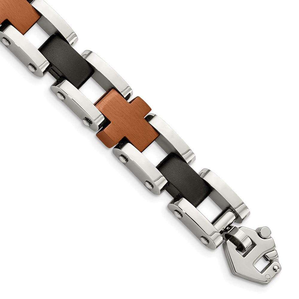 Men's Stainless Steel Black & Cognac Cross Link Bracelet - 8.75 Inch Adjustable Wristband for Casual & Formal Wear | Durable Fashion Accessory for Gifts, Office & Special Occasions