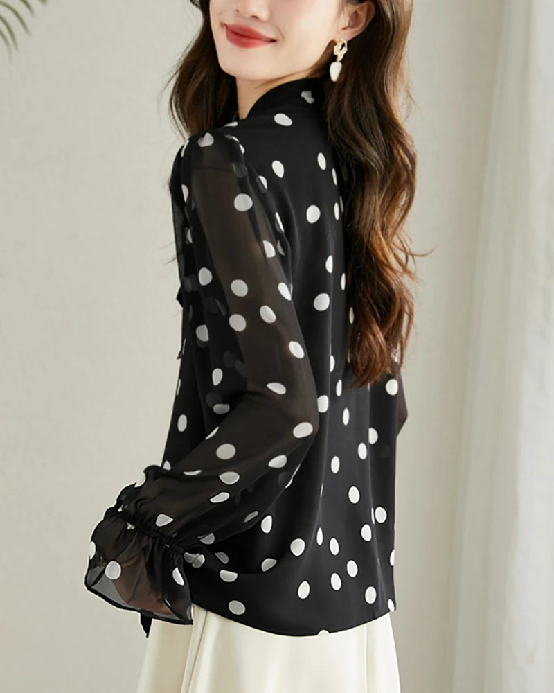 Elegant Polka Dot Silk Blouse with Ruffles - Women's Fashion Blouse for Office, Party & Special Occasions