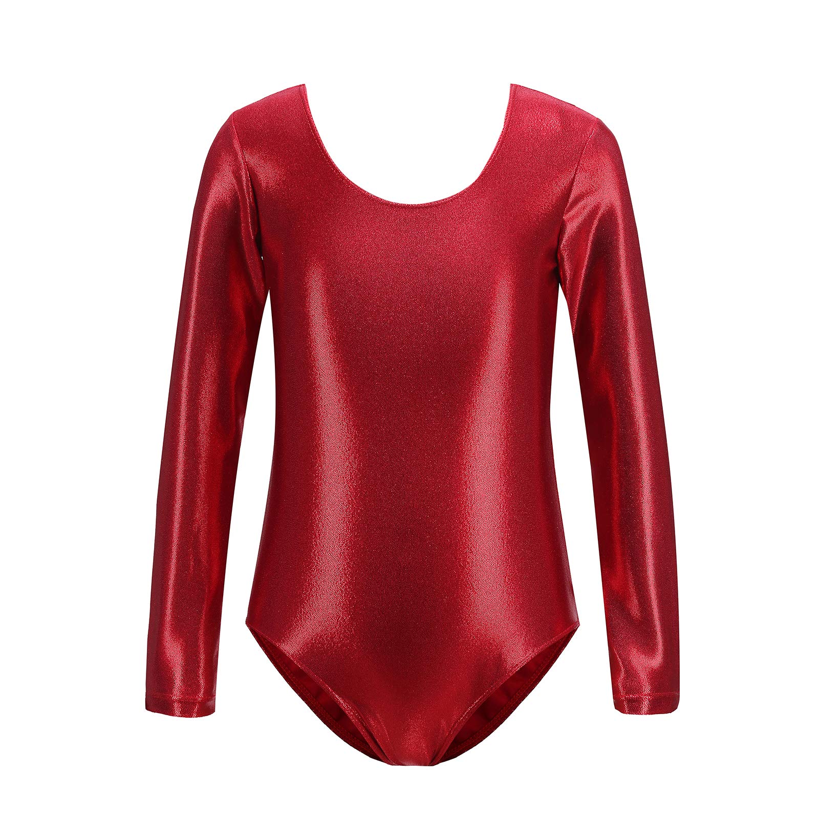 Shiny Metallic Long Sleeve Gymnastics Leotard for Girls - Stretchable Spandex Ballet Dance Suit for Performances & Competitions