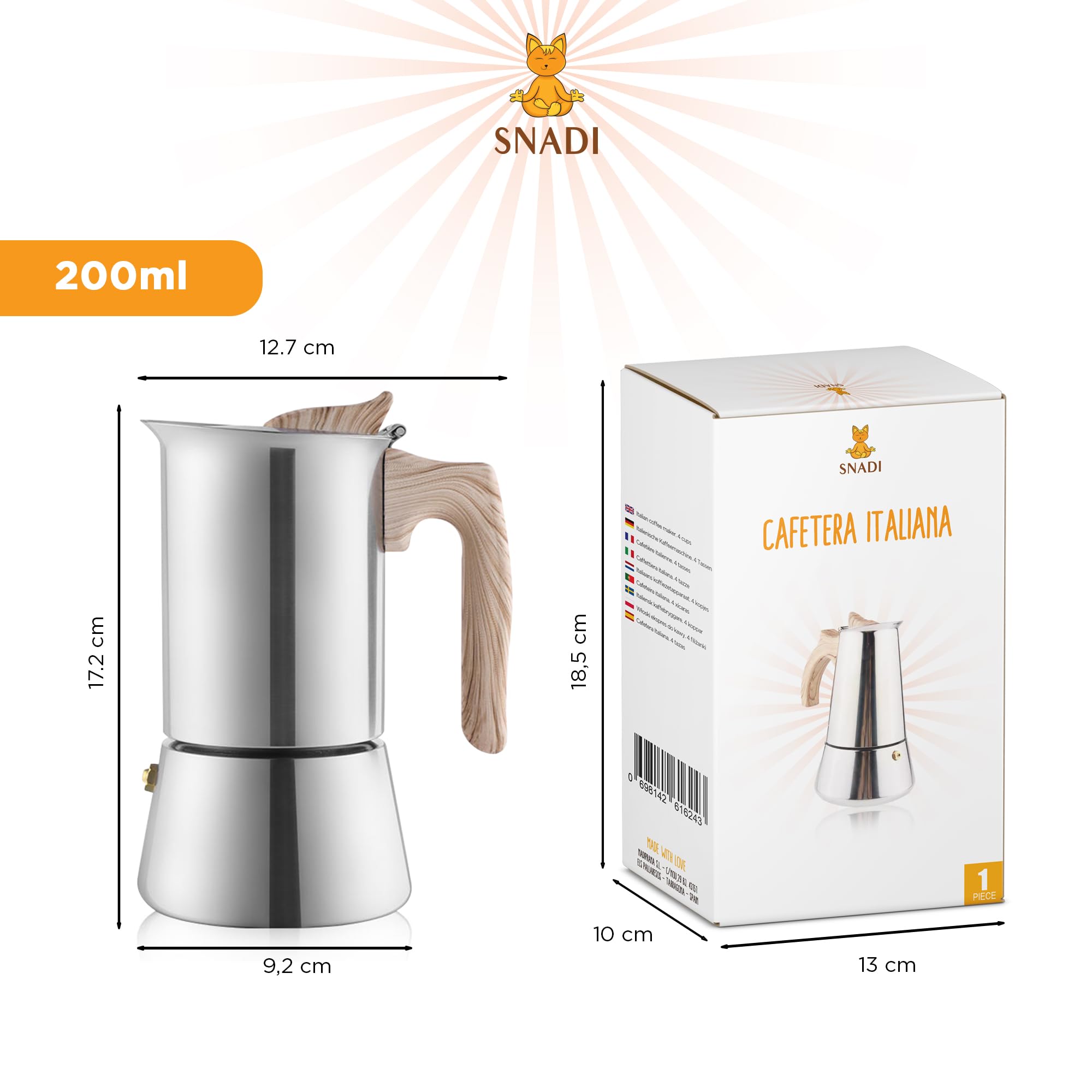 Stainless Steel Moka Pot Italian Coffee Maker - 4 Cup (200ml) Espresso Maker for Induction, Ceramic, Electric & Gas Stoves - Perfect for Home & Professional Kitchens, Camping & Office Use