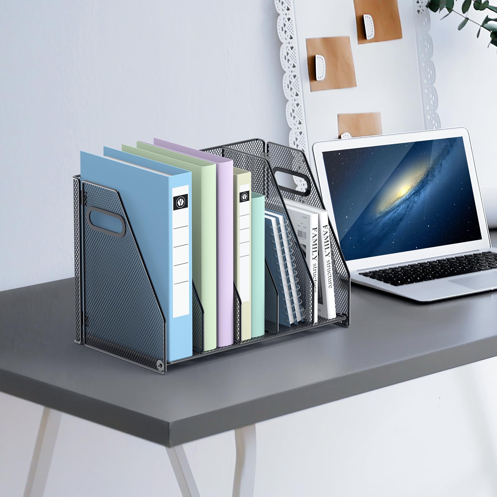 Metal Desk File Organizer with 5 Vertical Compartments - Magazine & Binder Holder for Office, Home & School - Black Desktop Organizer for Documents, Books and Office Supplies