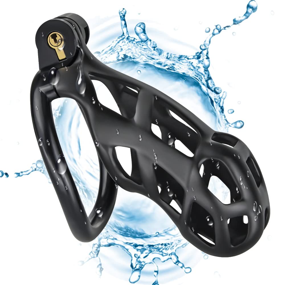 Premium Male Chastity Device - Adjustable Cock Cage with 4 Sizing Rings for Penis Training & BDSM Play | Comfortable Resin Chastity Lock | Perfect for Couples Bonding & Male Enhancement (Black)