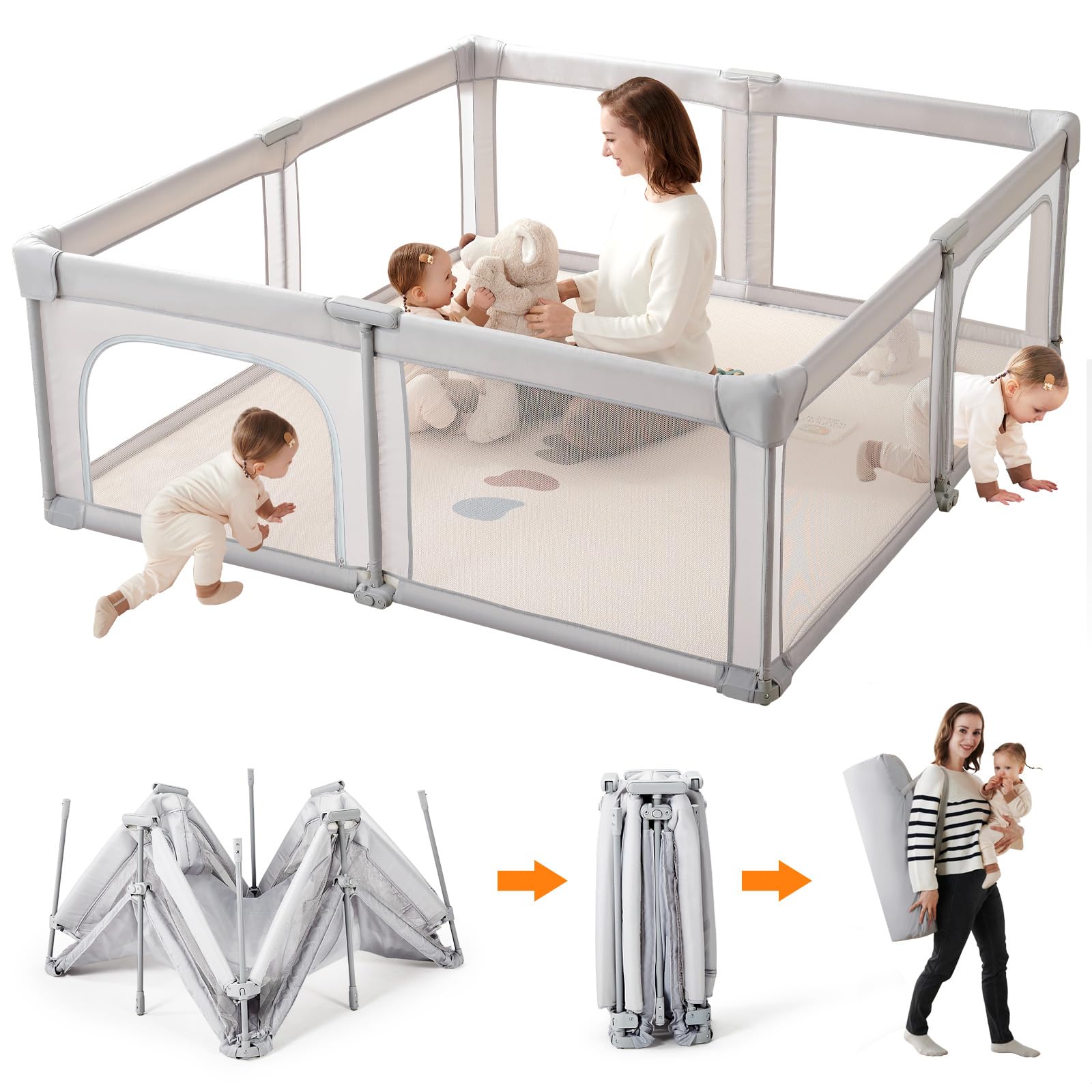 Foldable Baby Playpen - 59”x59” Portable Play Yard for Infants & Toddlers with Zipper Door | Indoor & Outdoor Safety Play Area | Light Grey Collapsible Playpen with Travel Bag | Perfect for Home, Park, and Travel Use