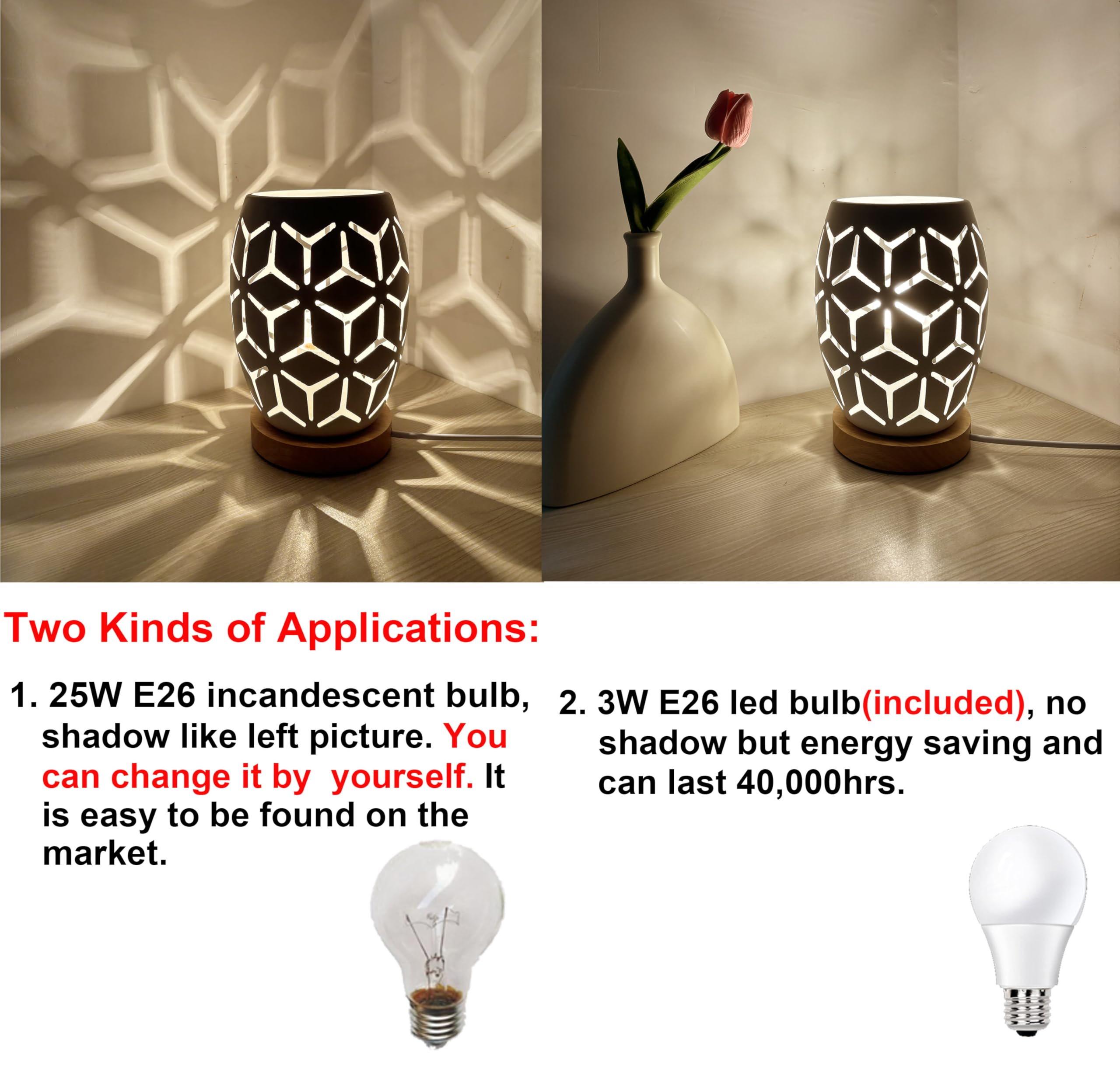 AFORTLO Boho Table Lamp - Small Wood Base with Hollow-Carved Metal Cage, Decorative Night Light for Bedroom, Living Room, Office & Nightstand - Includes Bulb (Rhombus Shape) | Perfect for Reading Nooks, Romantic Ambience & Home Office Lighting