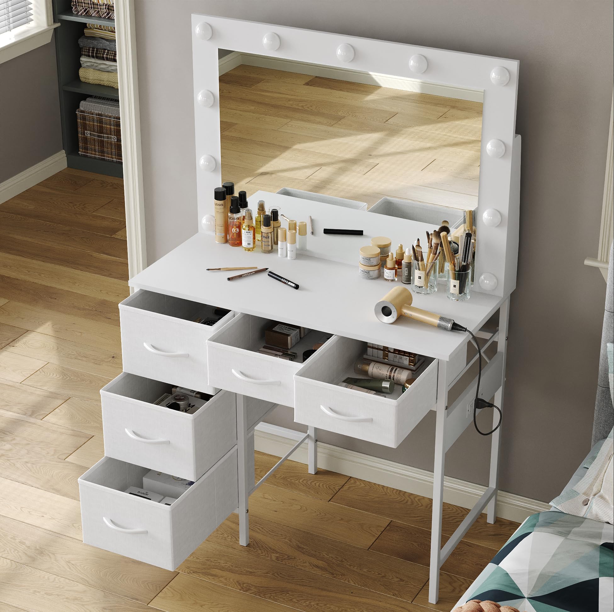 Vanity Desk with LED Mirror & Charging Station - 5 Drawers, 3 Lighting Modes for Bedroom Makeup