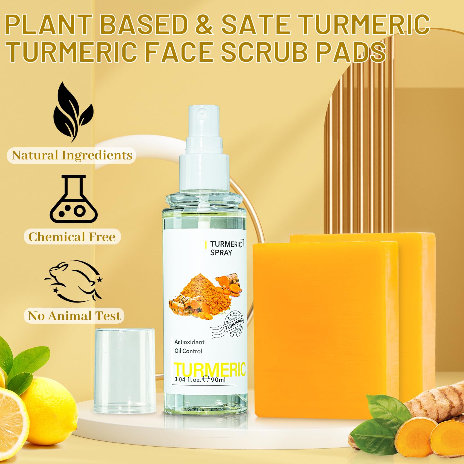 Organic Turmeric Soap Bar & Facial Mist Set - 2PCS Vitamin C Enriched Lemon Turmeric Soap for Face & Body + 1PC Antibacterial Turmeric Face Spray | Natural Skincare, Acne Treatment, Brightening & Hydration | Perfect for Daily Cleansing, Travel & Gift Giving