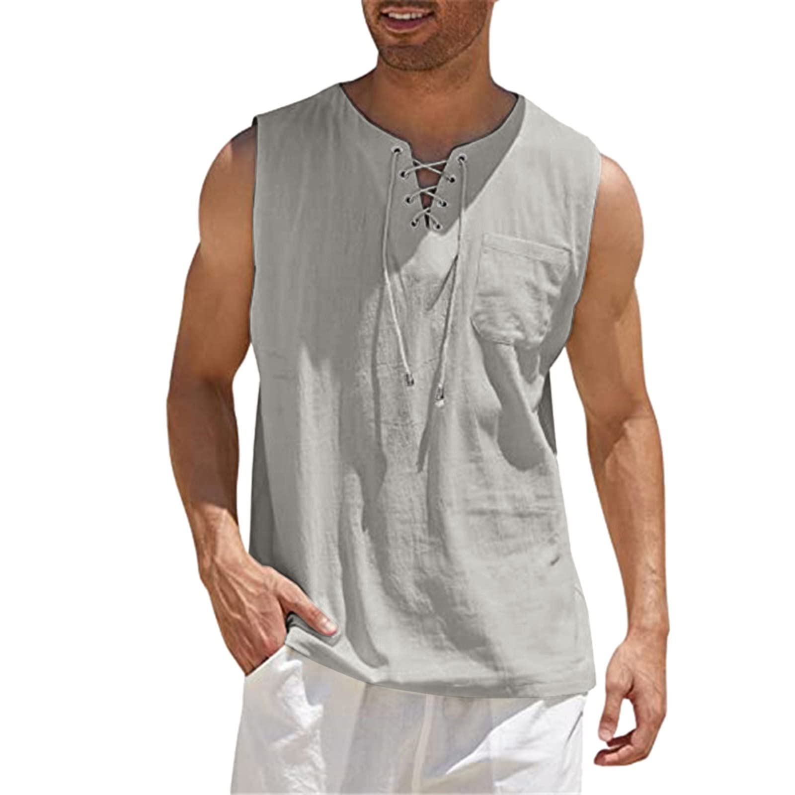 **Men's Lace-Up Sleeveless Gym Tank Top with Chest Pocket - Workout, Fitness & Beach Wear for Running, Yoga & Outdoor Activities**
