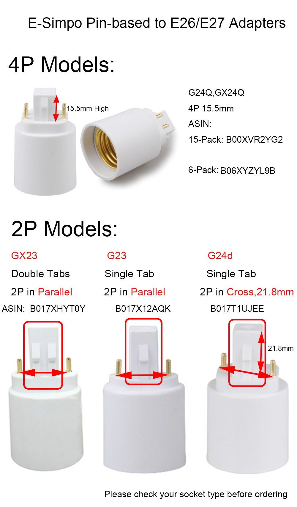 12-Pack E-Simpo 4Pin CFL GX24Q to E26/E27 Medium Screw LED Bulb Socket Adapter - Ballast Bypass Required for LED Conversion - Perfect for Home, Office & Commercial Lighting Upgrades