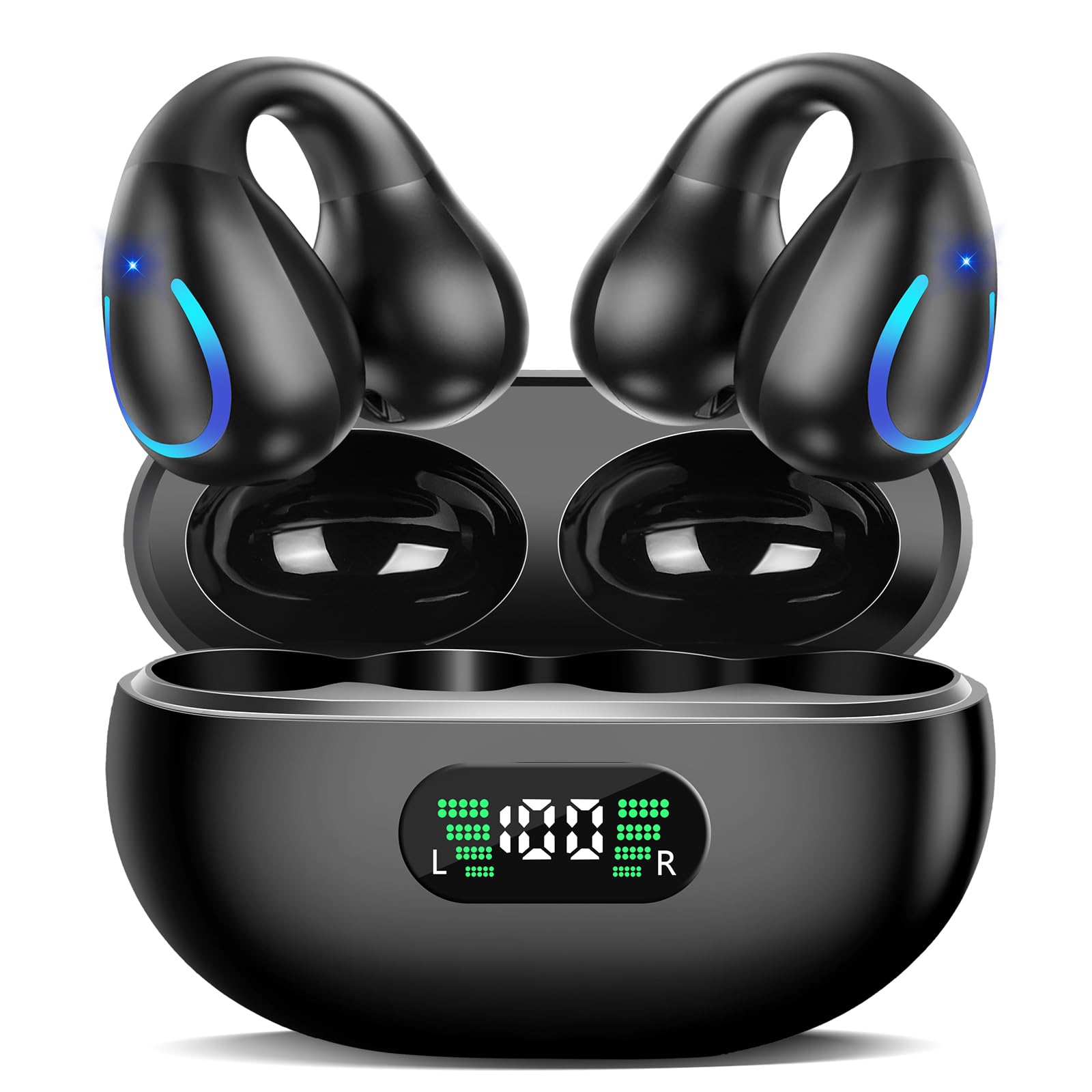 Open Ear Bone Conduction Bluetooth 5.3 Wireless Headphones - 60H Playtime, IPX7 Waterproof, Built-in Mic, Digital Display Charging Case - Sport Earphones for Running, Cycling, Gym & Outdoor Activities (Black)