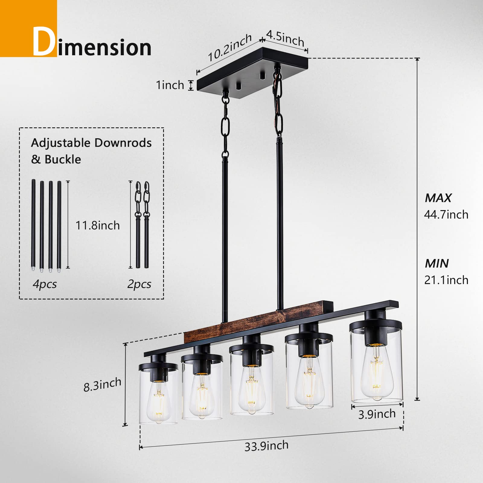 Farmhouse Kitchen Island Light Fixture - 5-Light Matte Black Rustic Wood Ceiling Pendant Chandelier with Clear Glass Shade for Dining Room, Kitchen, Breakfast Nook & Bar Counter Lighting