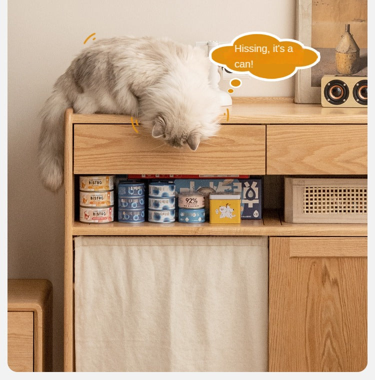 Solid Oak Wood Side Cabinet with Cat Pet Supplies Storage - Perfect for Living Room, Bedroom, or Entryway Organization - Compatible with Robot Vacuum Cleaners
