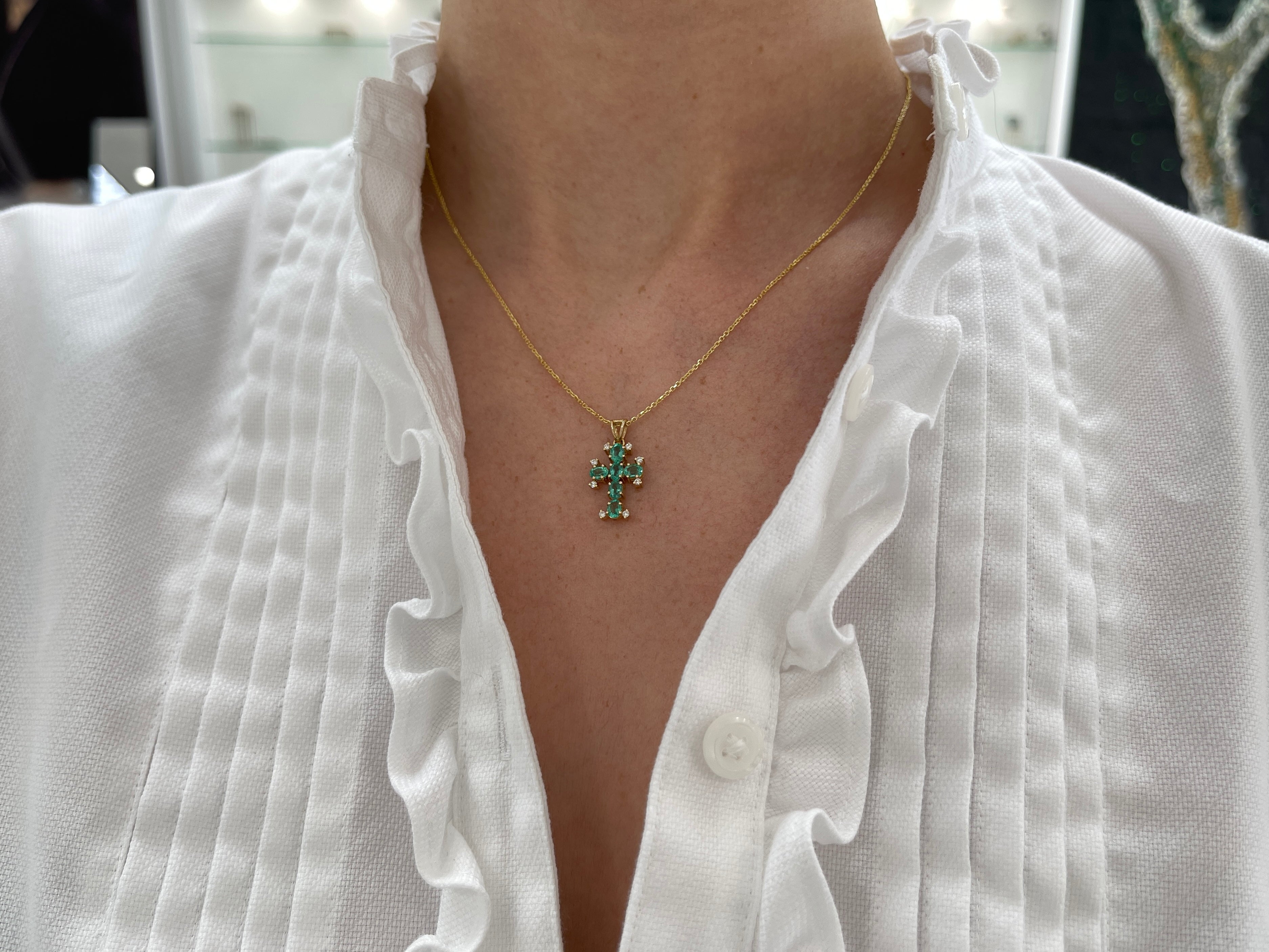1.05tcw Oval Emerald & Diamond Cross Pendant in 14K Gold - Elegant Jewelry Gift for Women, Perfect for Christmas, Birthday & Anniversary Celebrations