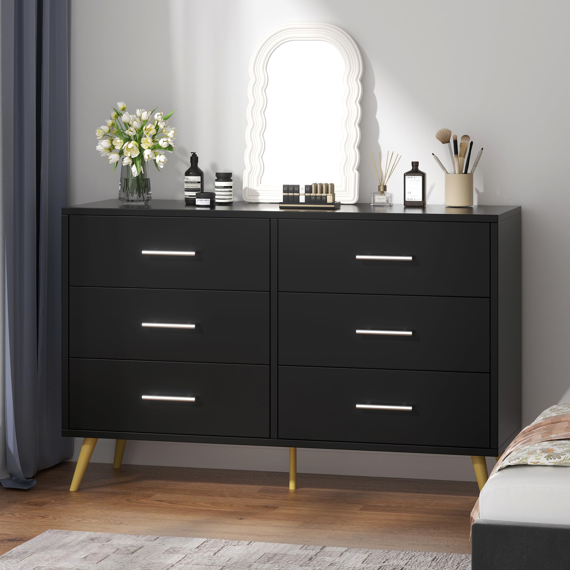 Shintenchi 6-Drawer Dresser - Modern Wide Chest of Drawers with Large Storage, Black Organizer Cabinet for Bedroom, Living Room & Porch | Perfect for Clothes, Toys & Home Organization