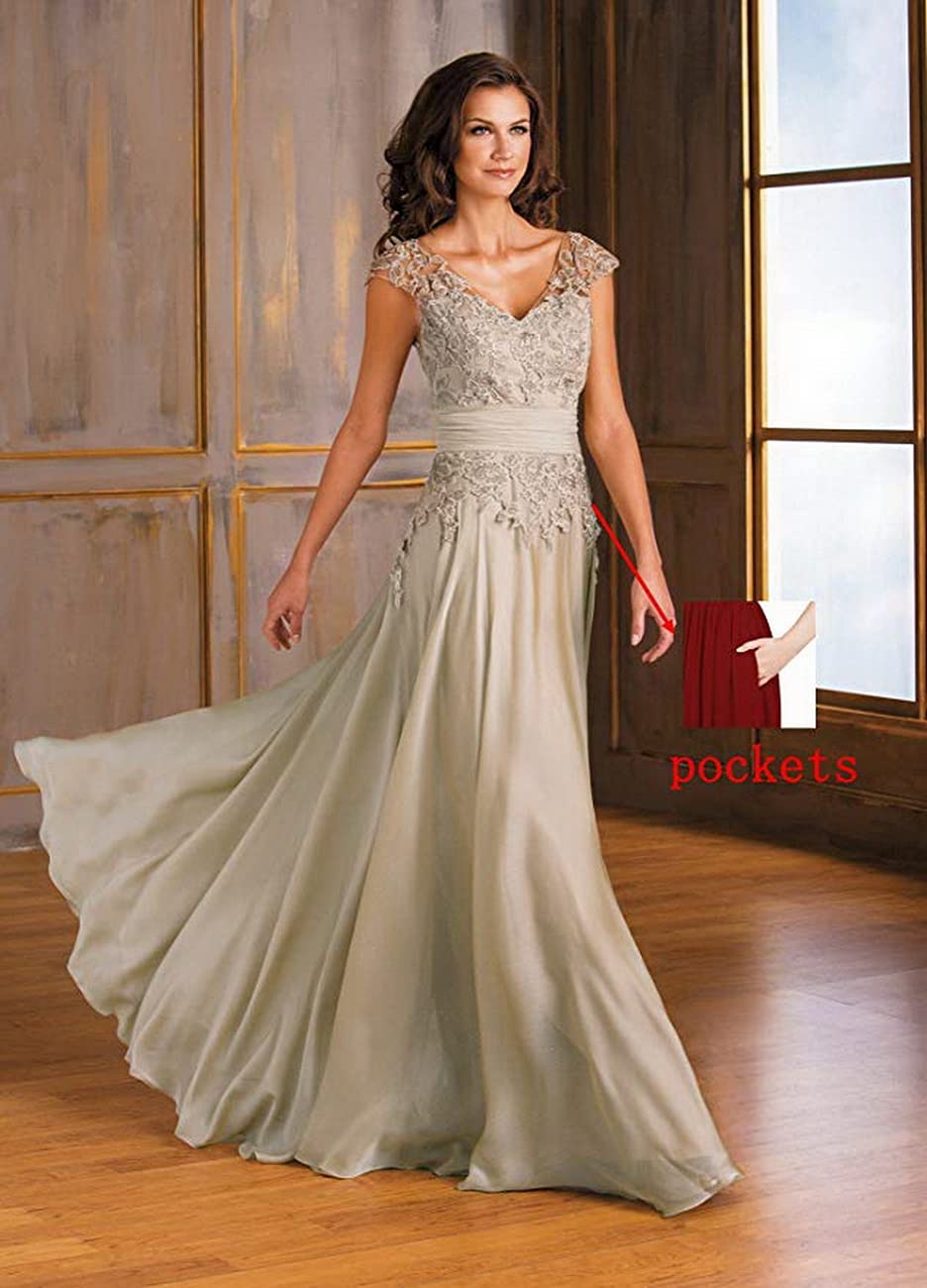 Elegant V-Neck Mother of the Bride Dress with Lace Sleeves - Chiffon Formal Evening Gown for Wedding Guest - Perfect for Weddings, Galas & Special Occasions
