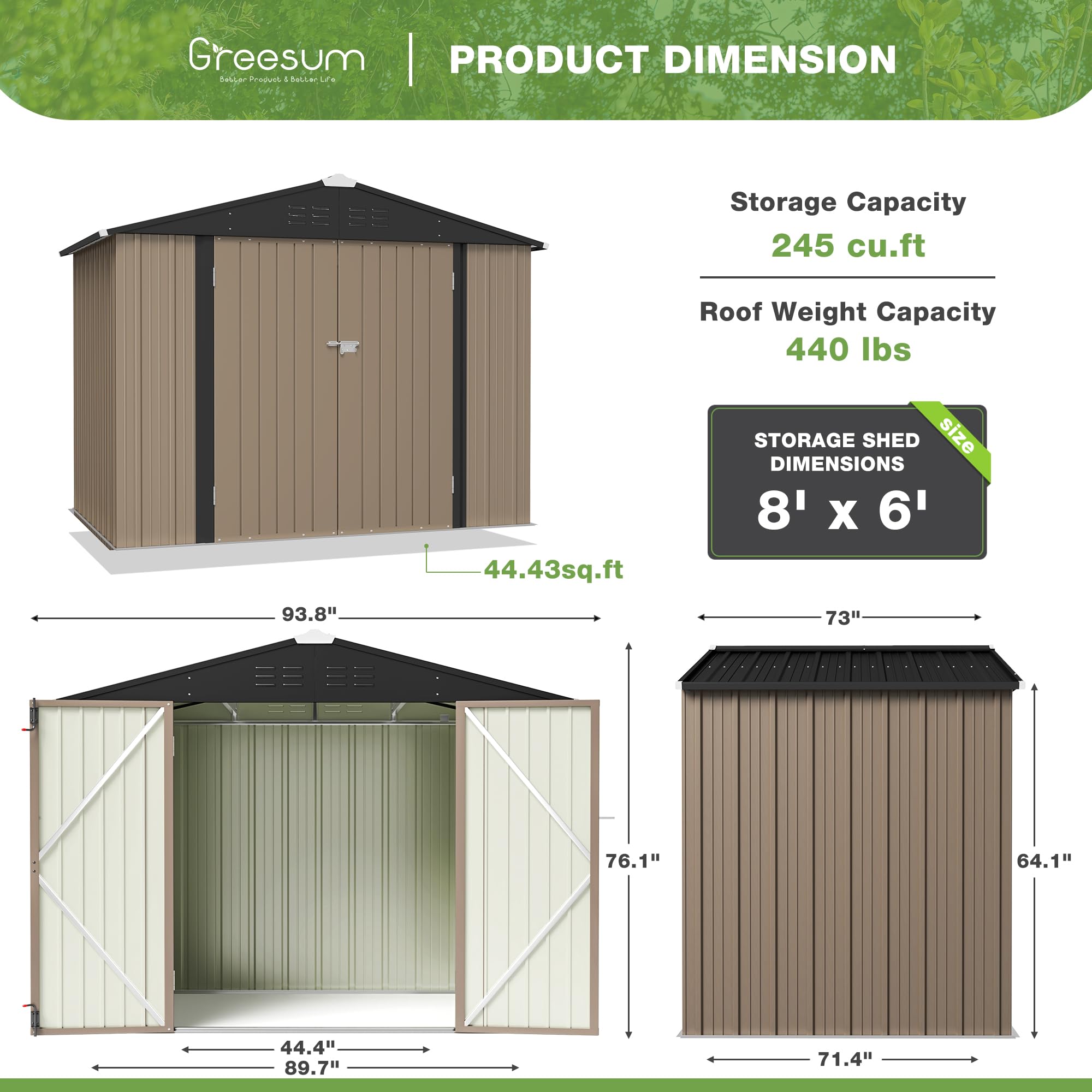 Greesum 6x8 ft Outdoor Storage Shed - Metal Utility Tool Shed with Lockable Door for Garden, Patio & Backyard Organization (Brown)