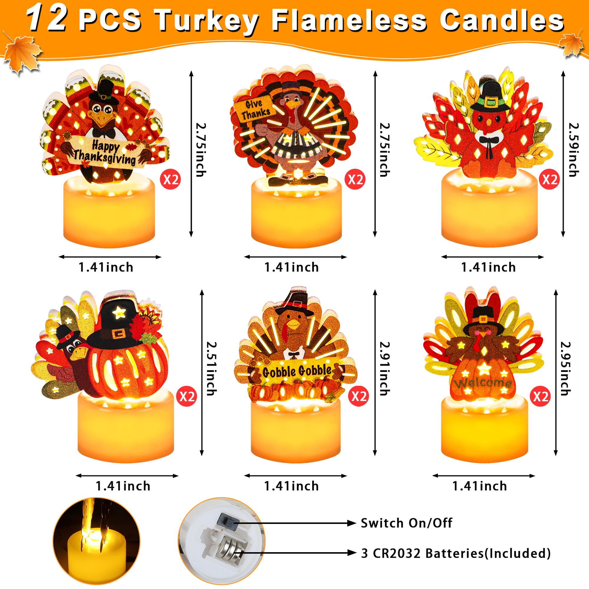 12 Pack LED Flameless Thanksgiving Tea Light Candles - Battery Operated Turkey Shaped Table Decorations for Home, Indoor Party, and Holiday Centerpieces | Perfect for Thanksgiving Dinner, Fall Decor, and Festive Gatherings