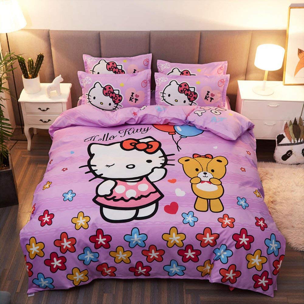 Hello Kitty Twin Size 4-Piece Kids Bedding Set - Duvet Cover, Pillowcase, Flat Sheet & Comforter in White | Cozy Bed in a Bag for Girls & Teens | Perfect for Birthday Gifts, Sleepovers & Kids' Room Decor