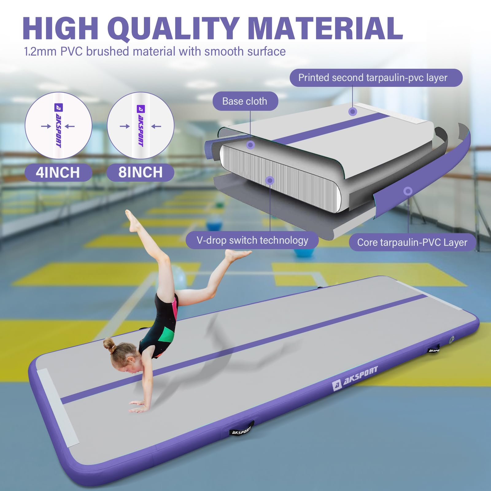 AKSPORT Inflatable Gymnastics Air Mat - Portable Tumble Track for Home, Gym, Training | Perfect for Cheerleading, Parkour, Beach & Water Activities | Includes Air Pump