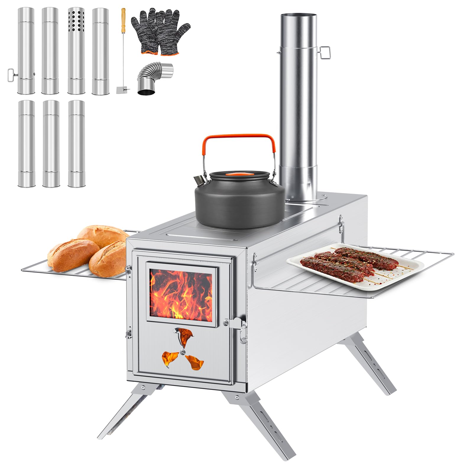 Portable Stainless Steel Wood Burning Stove with Chimney Pipes & Gloves - Hot Tent Stove for Camping, Hunting, Ice Fishing - Outdoor Heating & Cooking Stove for Cabins, RVs, Backpacking & Emergency Preparedness
