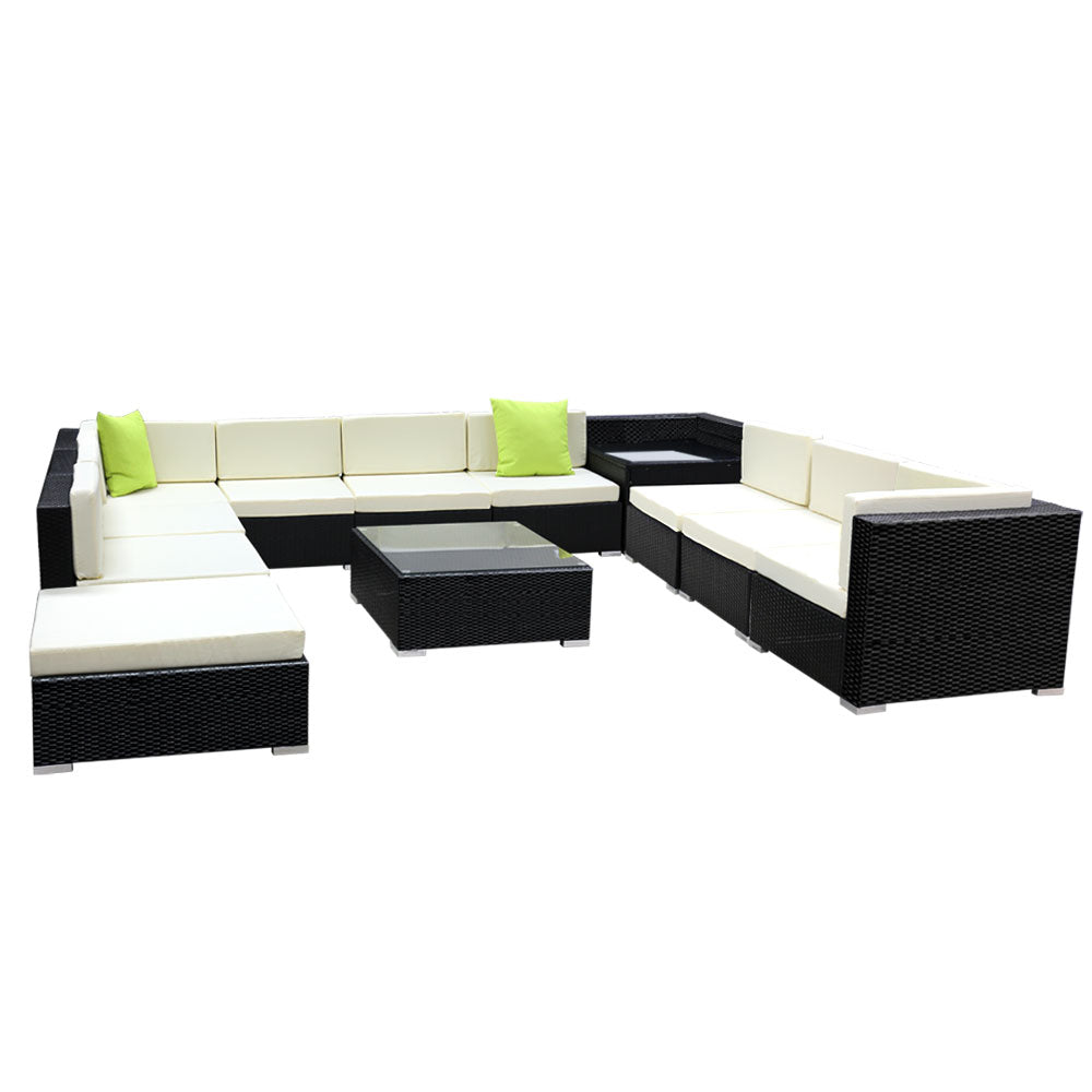 12-Piece Beige Wicker Outdoor Lounge Set with Storage Cover - Perfect for Patio, Garden, Poolside & Backyard Relaxation