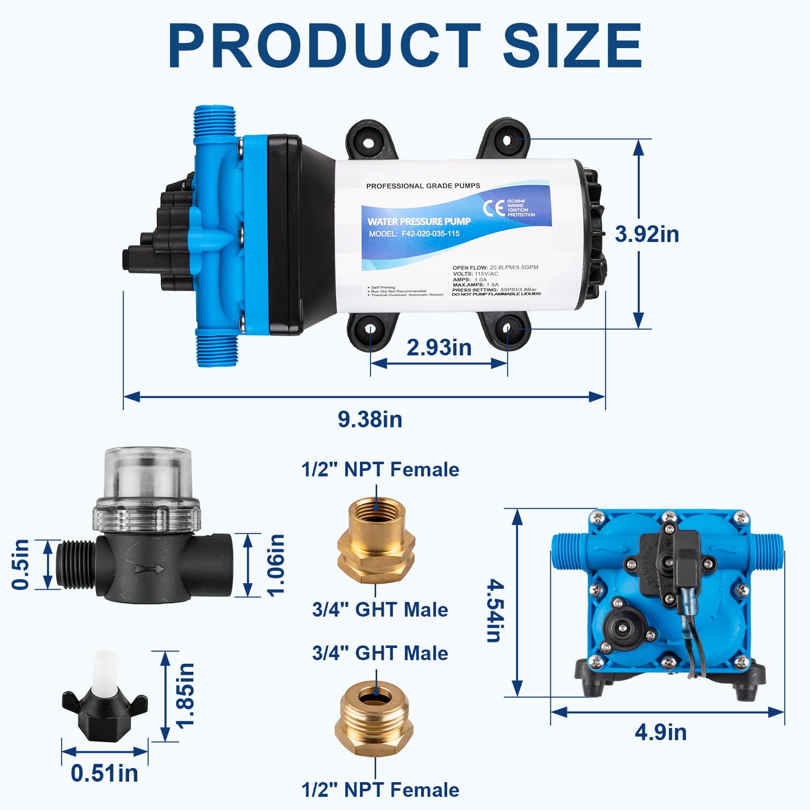 115V Electric Water Pressure Booster Pump - 5.5GPM 55 PSI RV Fresh Water Diaphragm Pump with Garden Hose Adapters for RV, Marine, Yacht | Perfect for Camping, Boating & Off-Grid Water Supply