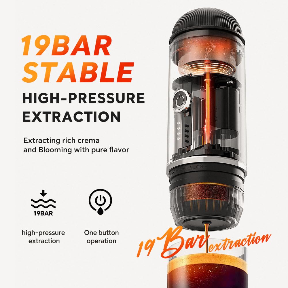 Portable Coffee Maker Travel Espresso Machine - 120W 19 Bar Pressure with 7500mAh Rechargeable Battery - Compact Red Espresso Maker for Camping, Hiking, Road Trips, Office & Home Use - Perfect for Travelers & Coffee Lovers On The Go