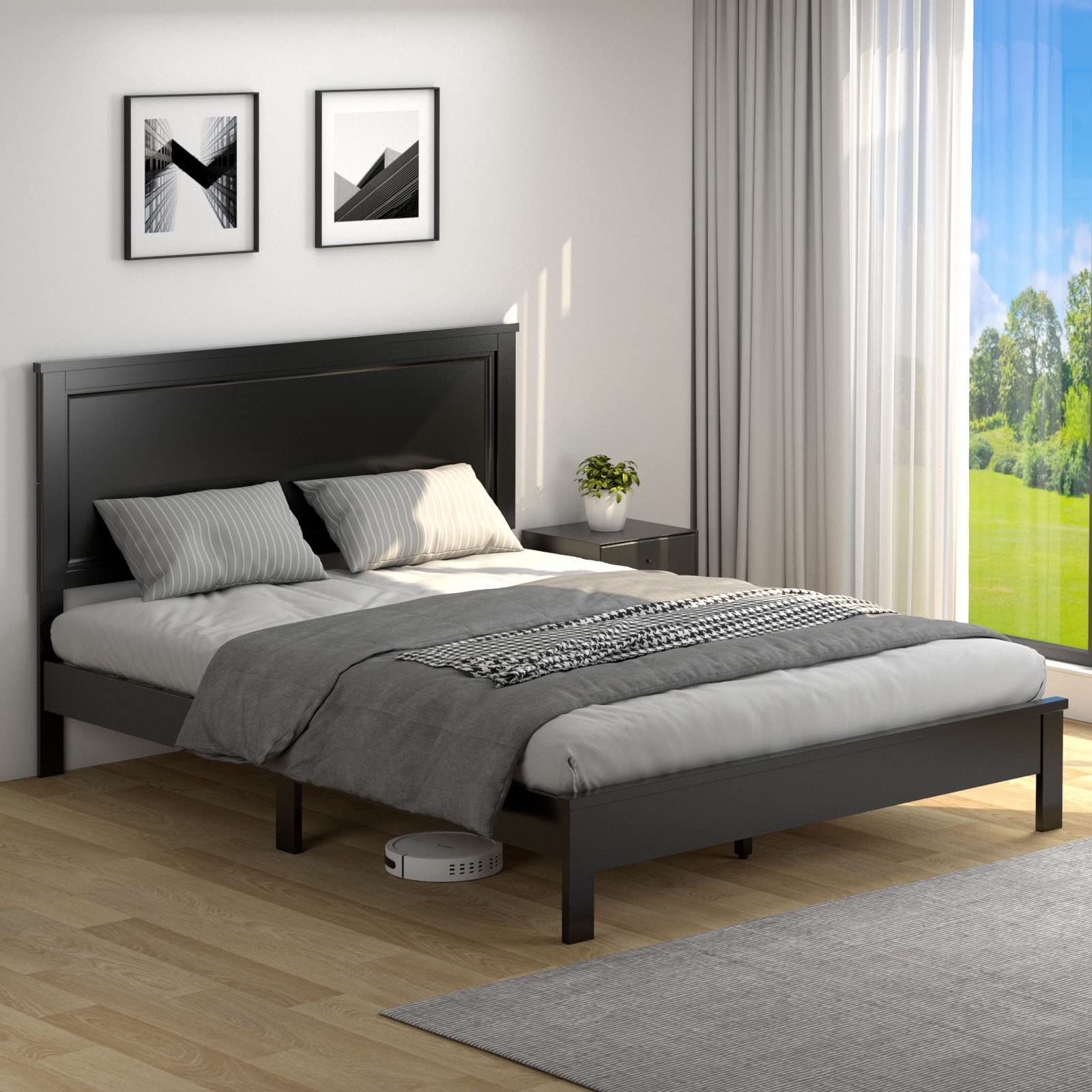 KOMFOTT Queen Size Wood Platform Bed Frame with Headboard - Solid Wood Mid Century Modern Bed Frame with Slat Support & Under Bed Storage - No Box Spring Needed - Mattress Foundation Bed Base in Black - Perfect for Small Bedrooms & Guest Rooms