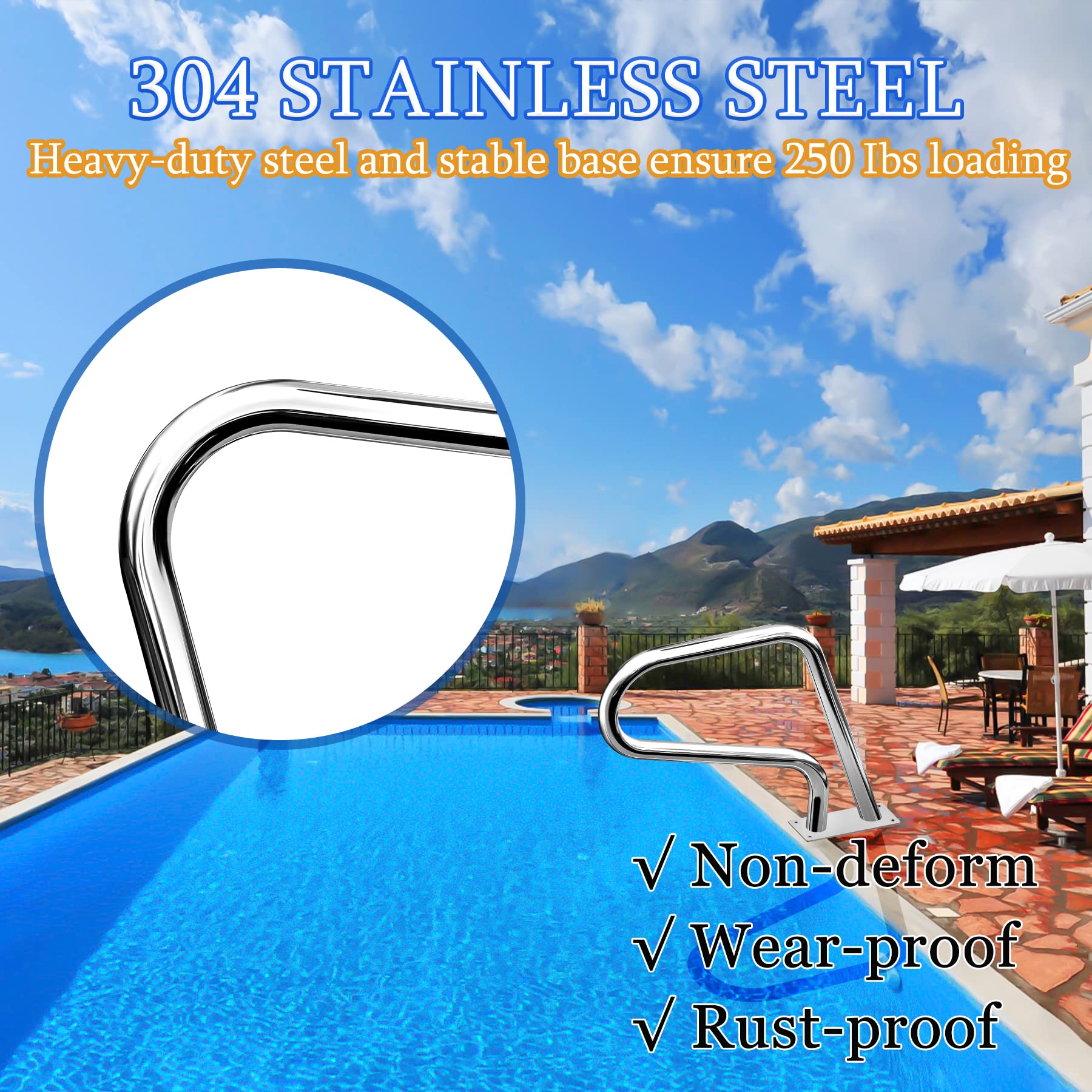 304 Stainless Steel Pool Handrails 32x23 - Rustproof Swimming Pool Safety Railing with Blue Grip Cover, Quick Mount Base Plate & Accessories - Perfect for Inground & Above Ground Pools, Backyard Safety & Easy Pool Entry/Exit