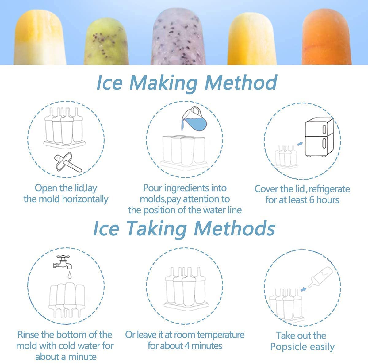 Zollyss Round Shaped Popsicle Molds Set - 6 Pack BPA Free Ice Pop Maker for Kids & Adults | Perfect for Summer Treats, Birthday Parties & Family Fun