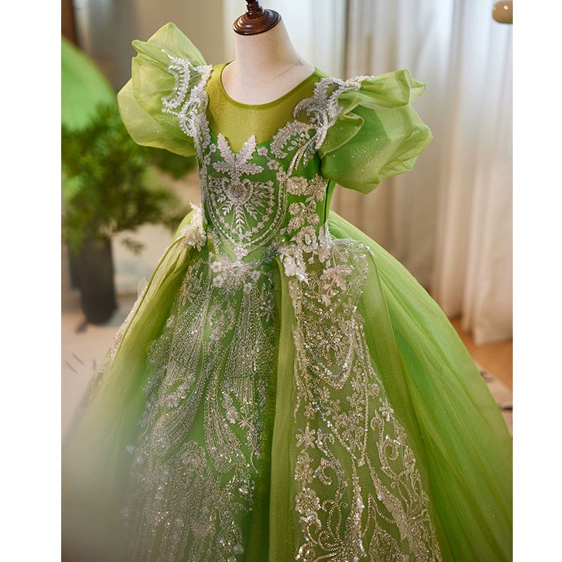 Elegant Green Sequins Fluffy Ball Gown for Baby Girl Toddler Pageant Dress - Perfect for Beauty Contests, Photoshoots & Special Occasions