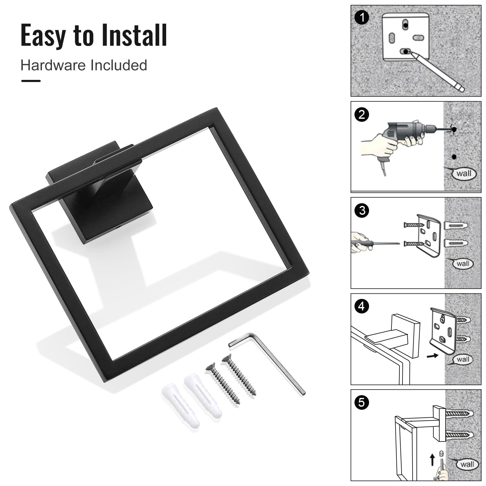 Stainless Steel Wall Mounted Towel Holder Ring - Matte Black Square Towel Rack for Bathroom, Kitchen & Lavatory | Durable Hand Towel Bar with Rustproof Design for Home & Hotel Use