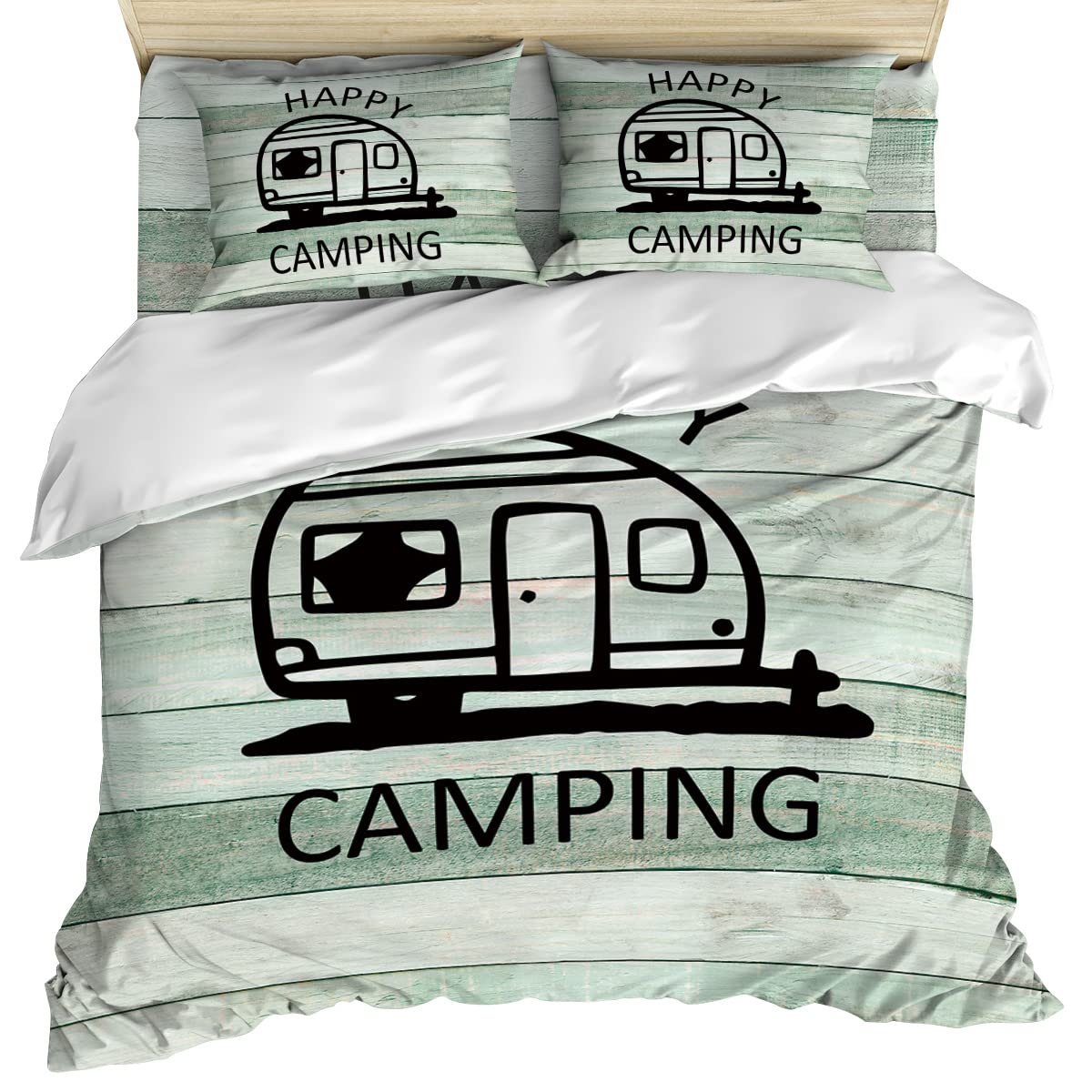 4-Piece Cartoon Camper Happy Camping Bedding Set - Soft Quilt Cover, Fitted Sheet & Pillowcases in Green Wooden Stripes - Perfect for Kids' Rooms, Dorm Decor & Cozy Cabin Retreats