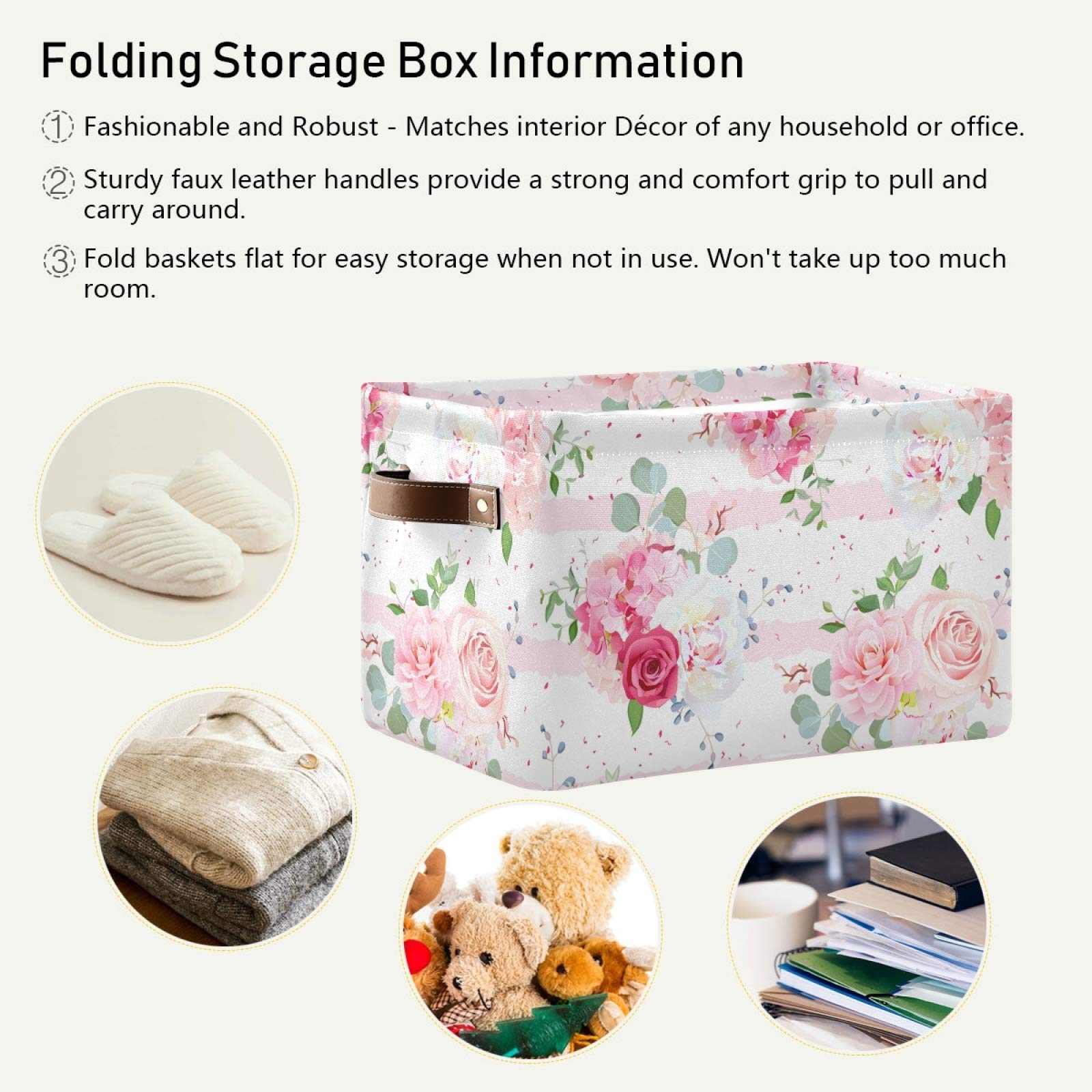 Pink Rose Floral Square Storage Baskets - 2 Pack Canvas Closet Organizer Bins for Home & Office - Perfect for Shelves, Bathroom, Nursery & Bedroom Organization