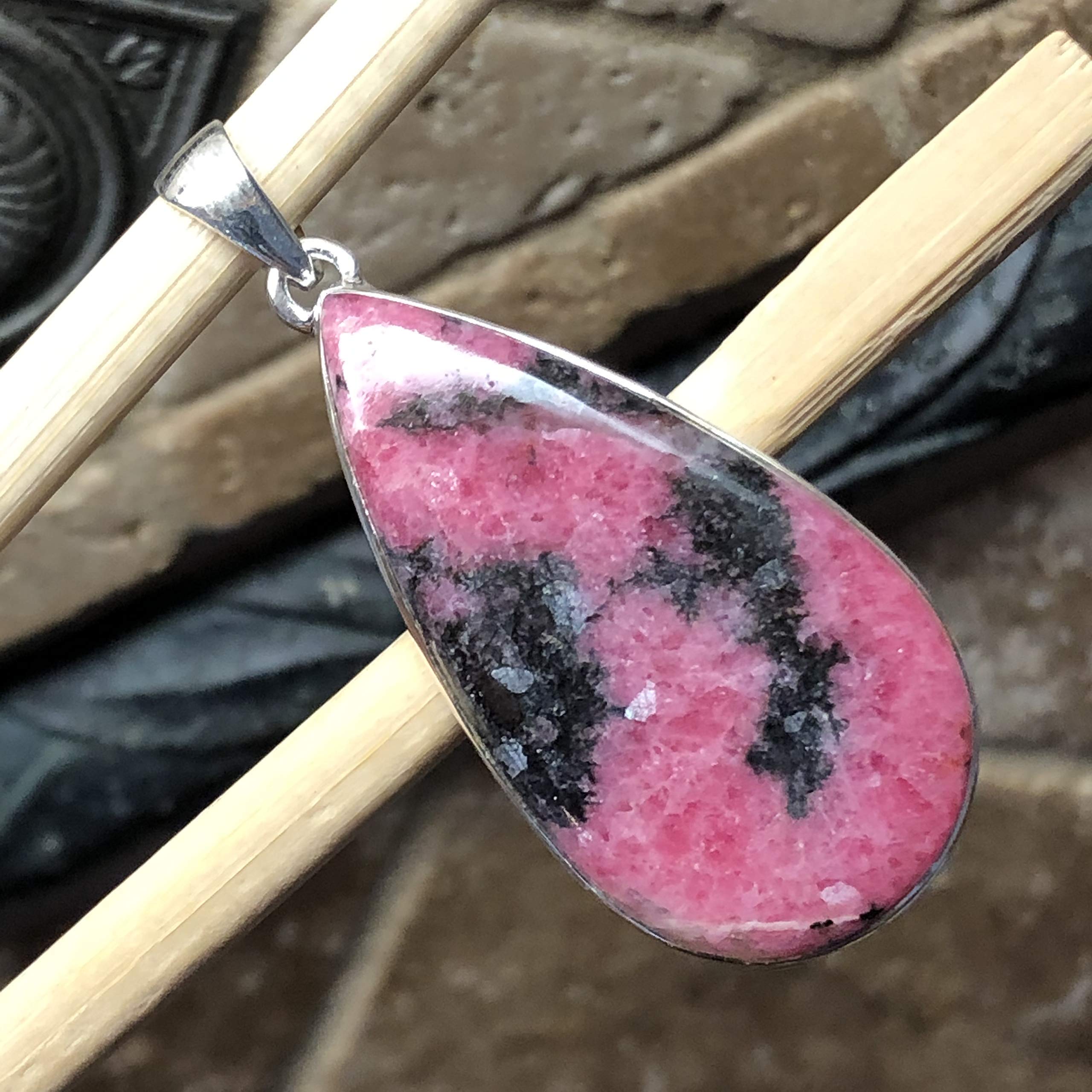 Natural Pink Rhodonite 925 Sterling Silver Pendant Necklace - 50mm Handmade Gemstone Jewelry for Women - Perfect for Meditation, Healing & Spiritual Gifts